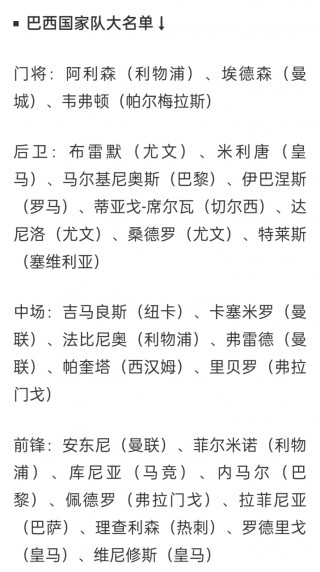 巴西队最新主力名单(巴西队最新主力名单图片)